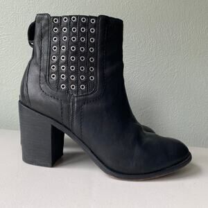 Trask Black Ankle Boots with Silver Eyelet Elastic Gores, Chunky Heel Womens 9.5